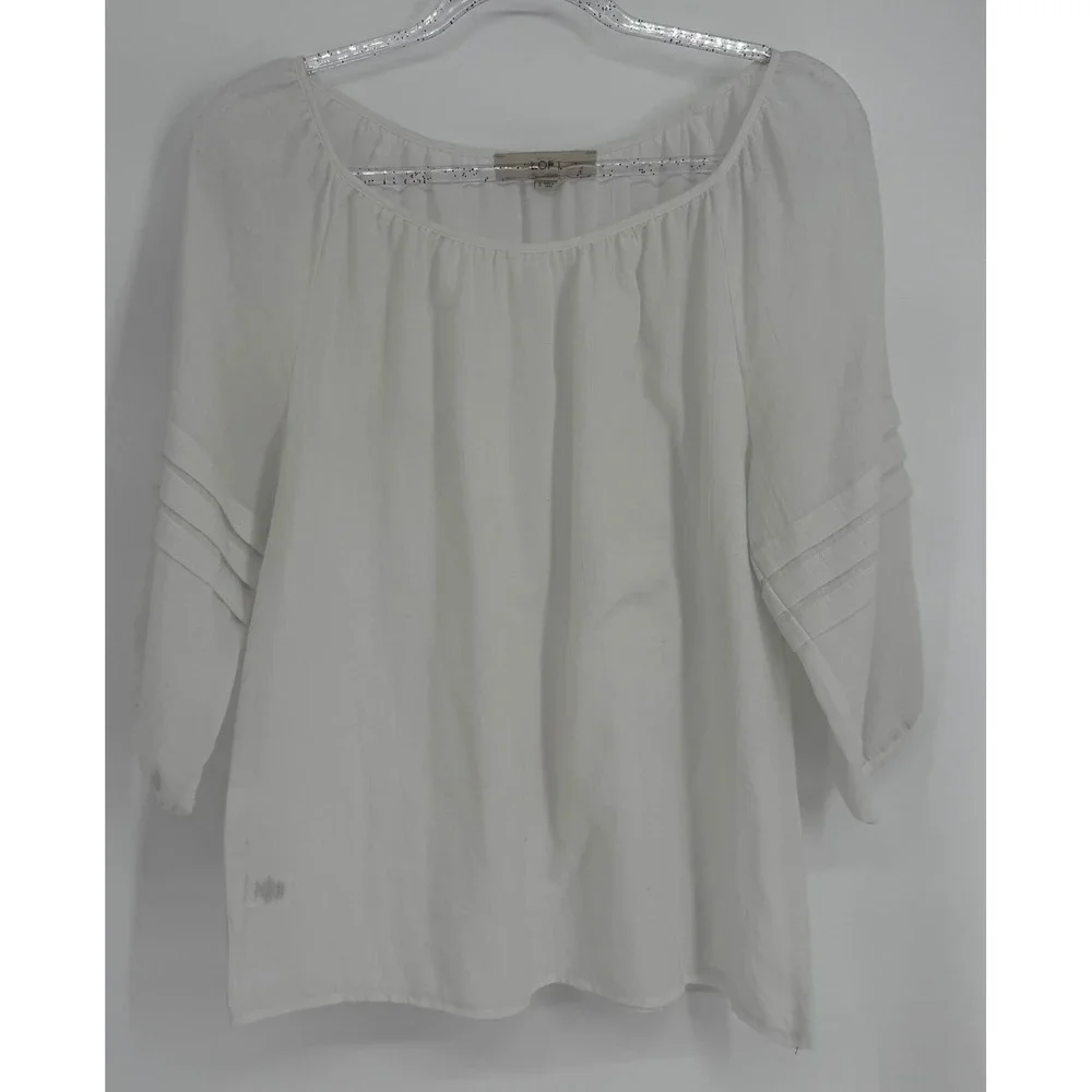 Ann Taylor LOFT White Pintuck Sleeve Peasant Blouse Sz S 3/4 Sleeve Scoop Neck